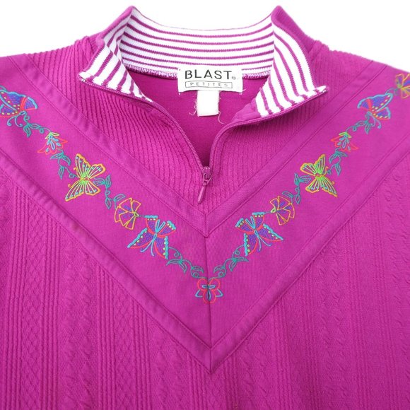 Vintage 70s Mixed Media Sweatshirt Sweater Quarter Zip Butterflies Mock Neck M - Picture 4 of 8
